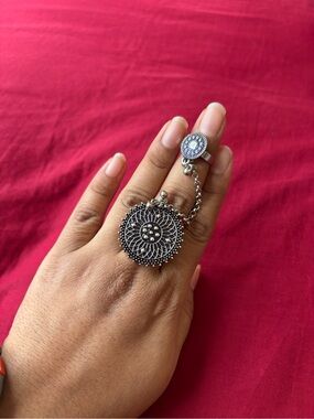 Oxidized Silver Adjustable Double Finger Chain Ring Navratri